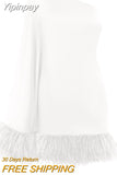 Yipinpay Women Sexy Solid Color Single One Shoulder Long Sleeve Backless Feather Plush Patchwork Trim Short Mini A-Line Dress