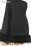 Yipinpay Women Sexy Solid Color Single One Shoulder Long Sleeve Backless Feather Plush Patchwork Trim Short Mini A-Line Dress