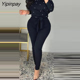 Yipinpay Women Elegant Off Shoulder Beading Long Sleeves Jumpsuit with Belt