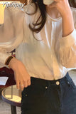 Yipinpay Button Puff Sleeve Shirt O-Neck Pink Pearly Silky 2023 Spring Shirt Summer Korean Women's Top
