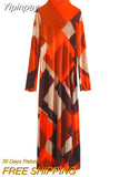 Yipinpay Vintage Printed Long Dress Women High Neck Autumn Winter Woman Dress 2023 Long Sleeve Midi Dress Casual Women's Dresses