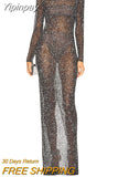 Yipinpay Fashion Womens Mesh Long Dress Shiny Sequin Long Sleeve Back Split Evening Party Dress Skin Friendly Hot Sale S-XL