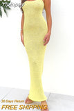 Yipinpay Women Long Bodycon Dress Solid Color Knitted Sleeveless Sling Spaghetti Strap Cocktail Dress Summer Party Club Dress S M L