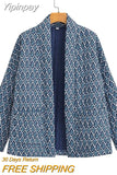 Yipinpay TRAF Ethnic Style Print Quilted Coats for Women 2023 Autumn Winter Vintage Jackets Coat Female Long Sleeve Warm Outerwear