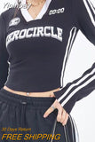 Yipinpay Grunge Y2k Slim T Shirt Women Acubi Fashion Side Stripe Kpop V-Neck Long Sleeve Crop Top Vintage Korean Streetwear