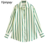 Yipinpay 2023 Women Striped Blouses Shirt Causal Loose Turn Down Collar Long Sleeved Tops Single Breasted T-Shirts Spring Autumn