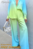 Yipinpay Loose Gradient Blouse 2 Piece Set Elegant Satin Long Sleeve Shirt Straight Pant Outfits 2023 Spring High Street Lady Suit