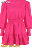 Yipinpay Lantern Sleeve Vintage Dress Long Sleeve O-Neck Casual Women Ruffle Dress Short Mini Pleated A-Line Frill Dress Lady