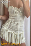 yipinpay Chic White Women Summer Off Shoukder Ruffles Short Dress Sexy Club Evening Party Vintage Cute Y2K Dress Female Outfits