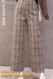 Yipinpay Classic Plaid Tweed Pants Women Vintage Wool Straight Elastic Waist Trousers Fashion Casual Fall Office Lady Pants