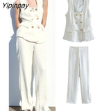 Yipinpay New Women Solid Vest Blazer Suit Set 2023 Spring Double Breasted Sleeveless Jackets Side Zipper Pencil Pants
