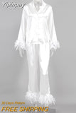 Yipinpay Feather Long Sleeve Women Home Suit Shirt And Pants Suit White Satin 2 Piece Set Female Button Sleep Two Piece Suits