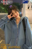 Yipinpay Sweatshirts Women Winter Harajuku Streetwear Korean Version Vintage Long Sleeve Solid Jacket Coats Loose Zip Up Hoodies