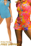 Yipinpay Women Slim-fit Playsuit, Adults Stripe/Flower Print Turn-down Collar Short Sleeve Playsuit