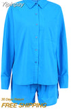Yipinpay Cotton Linen Women Summer Set Of Top With Shorts Blue 2 Piece Set Female Casual Shorts Suits Pocket Shirt Outfit