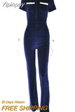 Yipinpay Green Zipper Velvet Jumpsuits For Women Short Sleeve Wide Legs Jumpsuit 2023 Autumn Femme Turn-down Collar Sexy Outfits