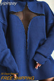 yipinpay Y2K Pullover Knitted Oversized Jumper Tops Hollow Out Patchwork Long Sleeve Turtleneck Winter 2023 Sweater Casual Tops 0407
