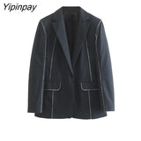 Yipinpay Women Fashion Single Button Blazer Coat 2023 Vintage Long Sleeve Flap Pockets Female Outerwear Chic Vestes Femme