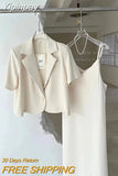 Yipinpay Suits Office Lady Grey Blazers Short Coat Short Sleeve Jacket Sexy Camisole Dress Bodycon Two Piece Sets Womens Outifits