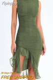 Yipinpay Women Elegant Ruffle Ruched Midi Dress Summer New Backless Sleeveless Irregular  2023 Sexy Chic Club Party Dress Vestidos