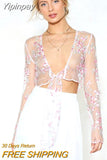 Yipinpay Womens Summer Long Sleeve Floral Transparent Mesh Sheer Embroidered Swimsuit See-through Hollow Out Crop Tops Cover Up Beachwear
