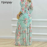 Yipinpay Women Elegant Deep V Neck Floral Print Ruffles Maxi A-Line Sexy Long Lantern Sleeves Dress