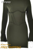 Yipinpay MO Women Illusion Bodycone Mini Dress O-Neck Split Flare Sleeve Wrap Skirt Solid Slim Bodycon Summer New Partywear