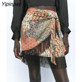Yipinpay Fashion Women With Tassel Mini Skirts 2023 Summer Vintage High Waist Bow Tied Draped Zipper Female Skirts Mujer