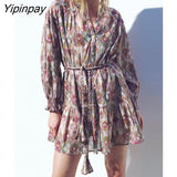 Yipinpay Fashion Women Floral Printed Mini Dresses With Belt 2023 Summer V-neck A-line Dresses Sweet Long Sleeve Causal Vestidos