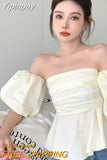 Yipinpay Puff Short Sleeve Crop Tops Slash Neck Strapless Blouse Blusas De Mujer Pleated Ruffled Shirts Off Shoulder Blouses Slim