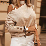 Yipinpay Women Casual Chain Strap Cold Shoulder Button Decor Top Blouses Tops