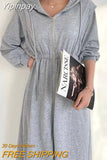 Yipinpay Hooded Zip Sweatshirt Dress Long Casual Cloth 2023 Dress for Women Wild Black Grey High Waist Swing Maxi Sweater Vestidos