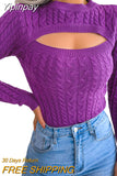 Yipinpay Winter Cutout Knit Sweaters Clothes for Women 2023 2023 Vintage Long Sleeve Cable Knit Round Neck Slim Cropped Sweaters