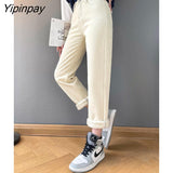 Yipinpay High Waist Thickened Plush Jeans Woman Straight Tube Loose Winter Style Versatile Harun Pants