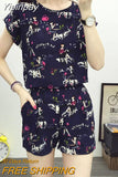 Yipinpay Summer Loose Oversized Sweet Elegant Printed Women's Shorts Set Casual Fashion Short Sleeved Top T-shirt Shorts 2-piece Set