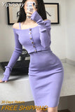 Yipinpay Solid Matching Sets Slim Purple Strap Wrap Hip Knitted Dress Mini Slim O Neck Long Sleeve Knitted Cardigan Thin Sweaters