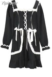 Yipinpay and Autumn Mori Girl Style Dress Women Ruffles Patchwork Square Collar Japan Lace Up Female Black Dress