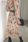 Yipinpay Chiffon Floral Dress Maxi v Neck Long Sleeve Flower Retro Elegant Korean Summer Beach Vestidos Primavera Verano 2023