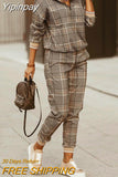 Yipinpay Women Chic Plaid Pattern Long Sleeves Zipper Hooded Pocket Ankle Length Sweatshirt Pants Sets