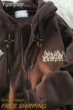 Yipinpay Embroidery Hoodies Women Autumn Harajuku Hip Hop Jacket Zip Up Hoodie Y2K Street Loose Casual Grunge Sweatshirt Overcoat