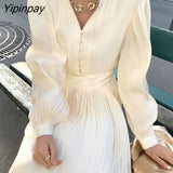 Yipinpay Elegant V-neck Satin Dresses For Women Long Sleeve Bandage Pleated Dress Ladies Korean Fashion Autumn Black