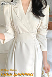 yipinpay Elegant Luxury Long Suit Dresses for Women Solid Korean Chic French Trendy Full Sleeve Midi Dress Turndown Collar Robe