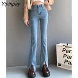 Yipinpay Split Plush Flared Jeans Women High Waist Slim Denim Pants