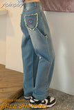 yipinpay Baggy Blue Women's Jeans Straight Loose High Waist Trousers Flower Printing Streetwear Fashion Mom Denim Wide Leg Pants