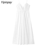 Yipinpay Women Fashion Pleated Poplin Midi Dress Vintage Backless Elastic Side Zipper Thin Solid Female Dresses Vestidos