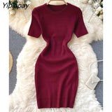 Yipinpay Women Korean Elegant Knitted Dress Short Sleeve O-neck Mini Dress Solid Elastic Slim Casual Summer Pencil Dress
