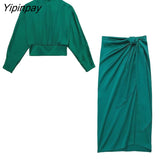 Yipinpay Women Elegant Shirt Sets 2023 Summer Fashion Long Sleeved Blouse+Elastic Bow Mid-Calf Skirts Casual Street Outwear