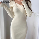 Yipinpay Autumn Winter Cross Neck Slim Waist Solid Knitted Dress Women Full Sleeve Elegant Midi-calf Sweater Bodycon Dresses