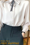 Yipinpay Elegant Chiffon Shirt Women Button Slim Long Sleeve Autumn Office Lady Straight Tops Preppy Style Korean Solid Sweet