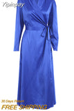 Yipinpay A-Line Elegant Wrap Midi Dresses Lace-Up Satin Women Blue Dress With Belted Pleated Office Ladies Dress Summer 2023